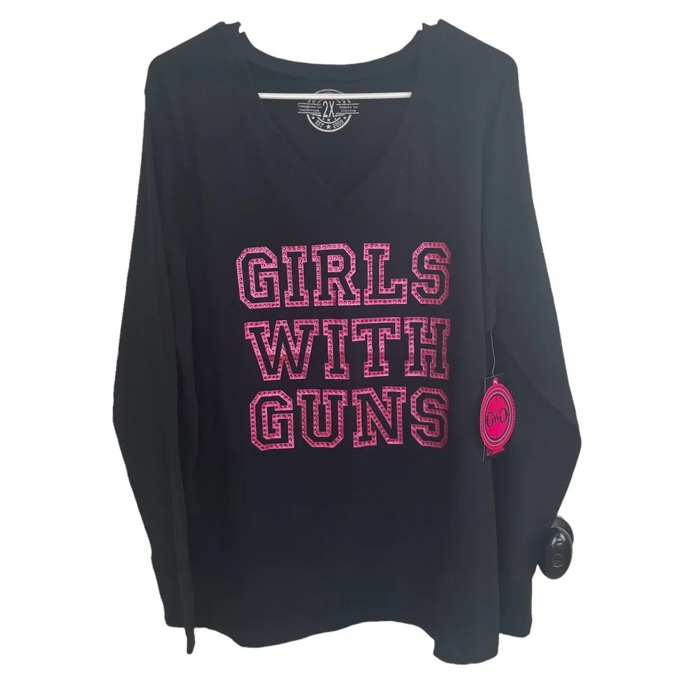 NWT Girls with Guns Black & Pink Long Sleeve V- Neck Tee Plus Size 2XL - Picture 6 of 11